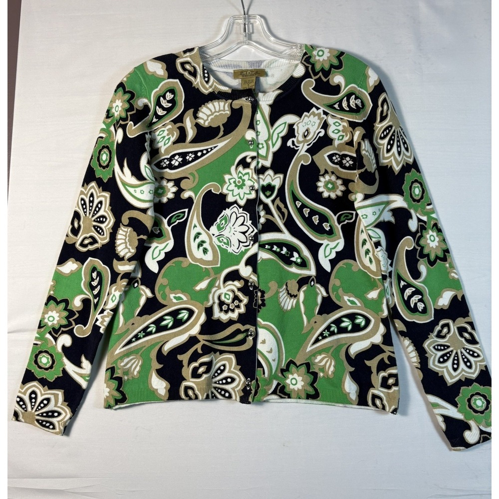 Peck & Peck Weekend Cardigan Small‎ Green Navy Paisley Floral Button Front